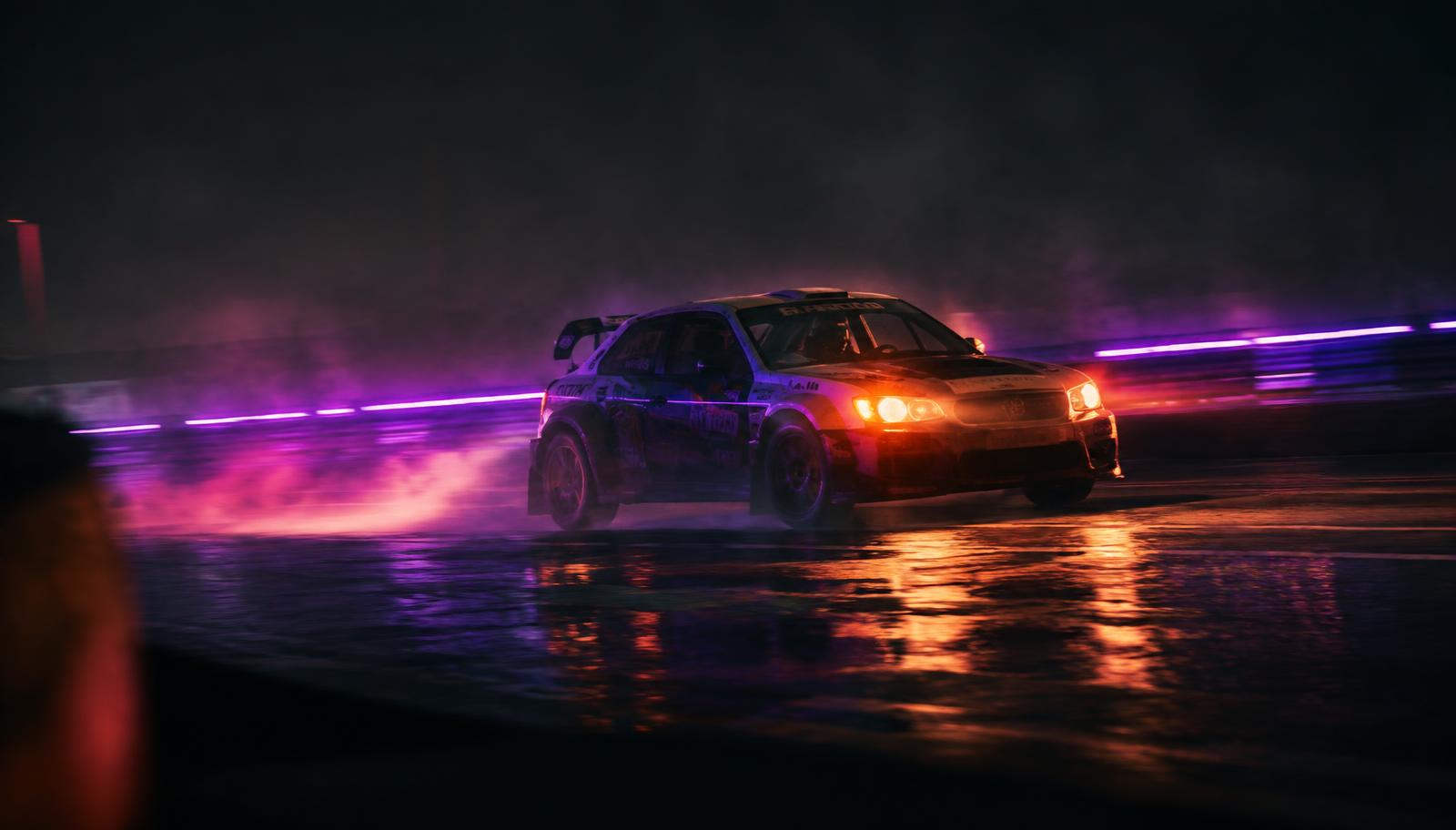 Rally car drifting at night